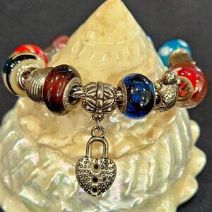 Silver Wheat chain Murano Glass with 925 Beads & Charms Bracelet
